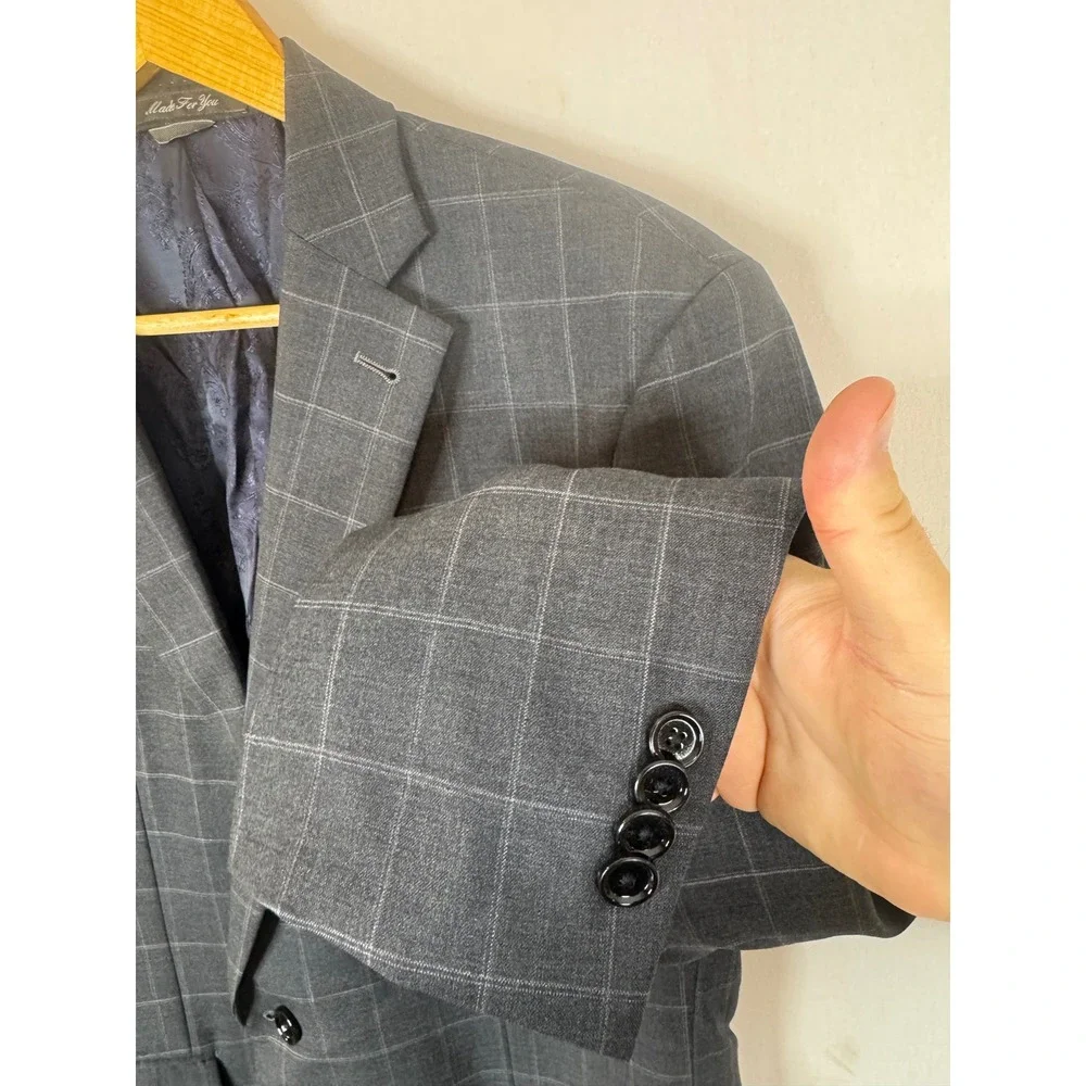 Indochino Mens 44L Tall 36X31 Gray Windowpane 100% Wool 2 Piece Suit Paisley